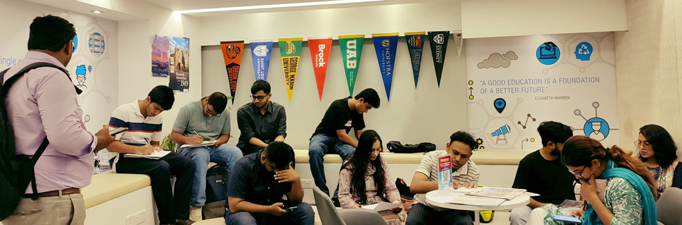 Students and professionals collaborating in a modern space